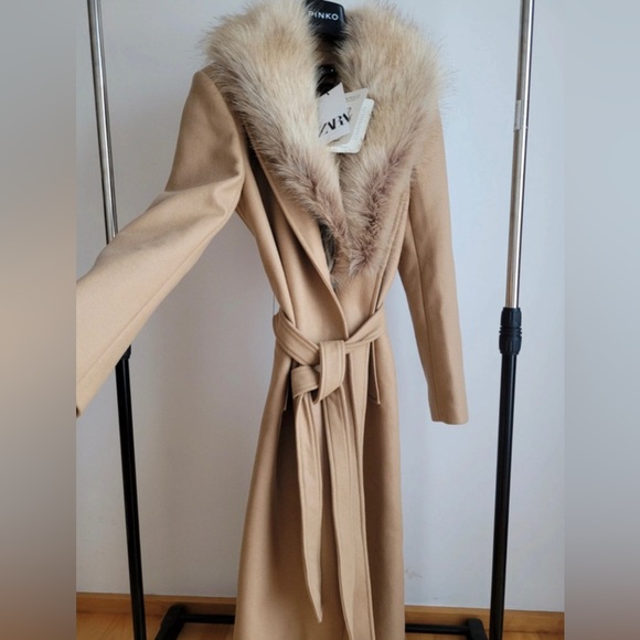Zara coat wool blend 75% long camel belted rope trench fur collar Manteco - Picture 10 of 15